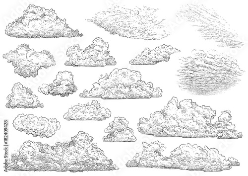 Cloud illustration, drawing, engraving, ink, line art, vector