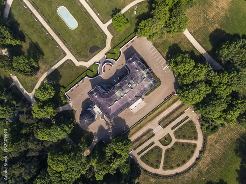 Aerial view over Amber Museum park in Palanga, Lithuania. Former Tiskeviciai, Tyszkevicz Palace surrounded by public Palanga Botanical Garden during sunny summer day. photo