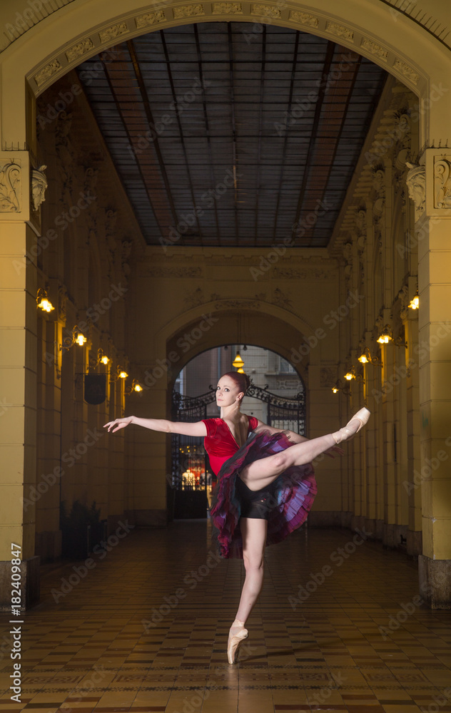Obraz premium Ballerina Natalia Horsnell doing an arabesque in the Oktogon public urban passageway in Zagreb, Croatia.
