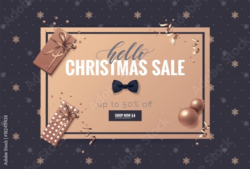 Hello christmas sale poster. Beautiful holiday background with snowflakes and decorations. Voucher discount. Vector illustration