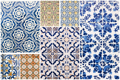 Beautiful collage of different traditional portuguese tiles called azulejos
