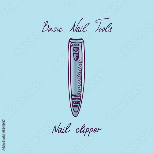 Basic nail tools, cuticle clipper, hand drawn doodle sketch with inscription, isolated vector color illustration