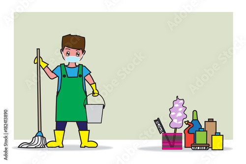 A man holding the mop and the water tank. Flat cartoon and background concept of cleaning business.
