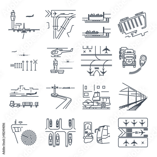 set of thin line icons transport infrastructure, road, air, sea
