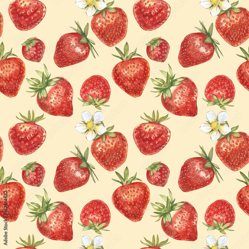 Watercolor seamless pattern with Strawberry leaves with flowers and ripe berries on white. Background design for natural cosmetics Watercolor seamless pattern with Strawberry leaves with flowers and ripe berries on white. Background design for natural cosmetics