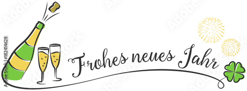Silvester Neujahr Zeichnung mit Feuerwerk Sektgläser Sektflasche und Klee