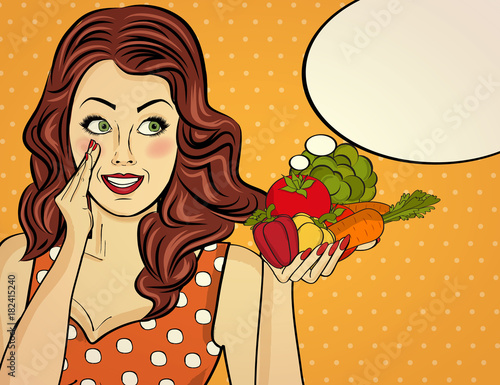 the  red-haired lady with vegetable in her hands