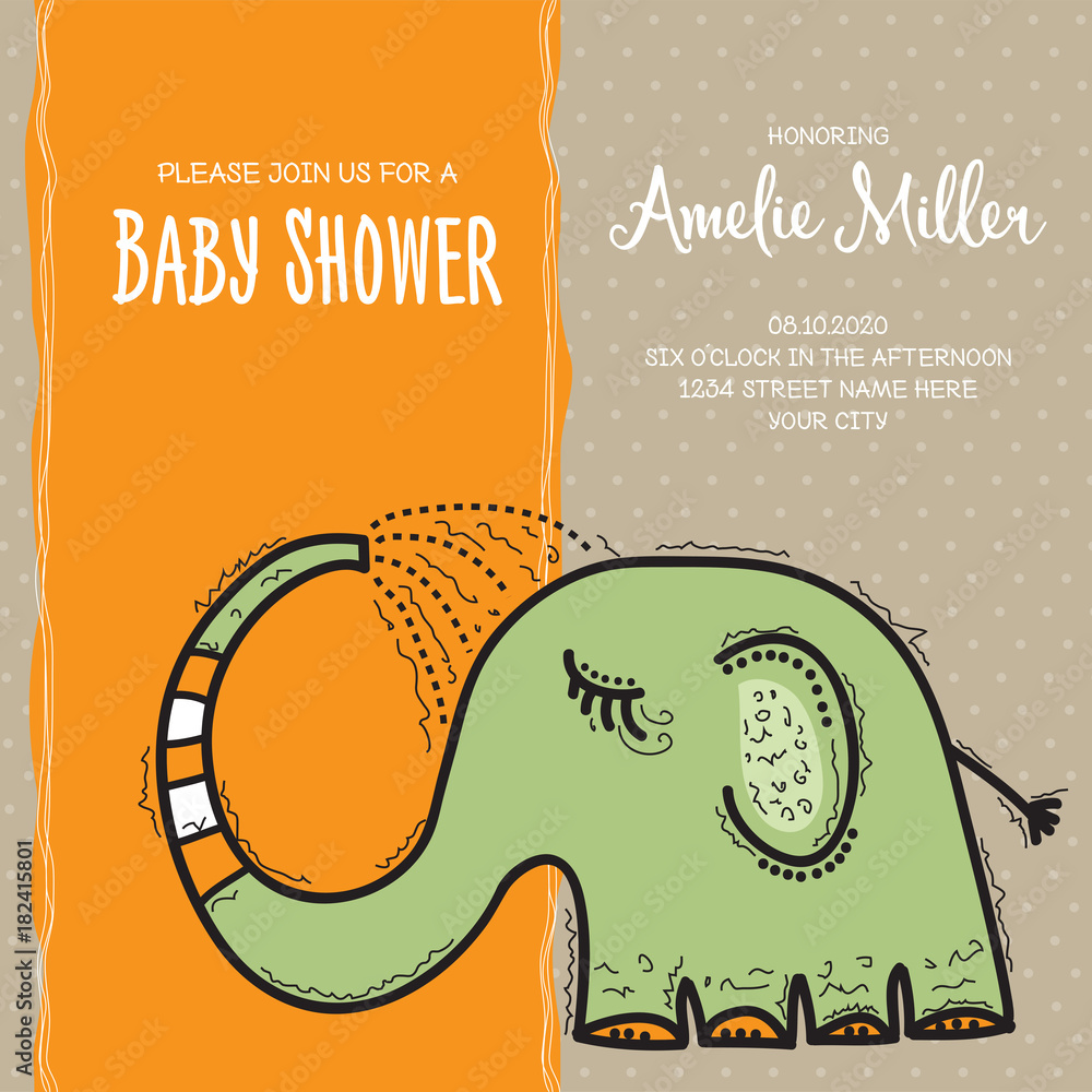 baby shower card template with funny doodle elephant Stock Vector ...