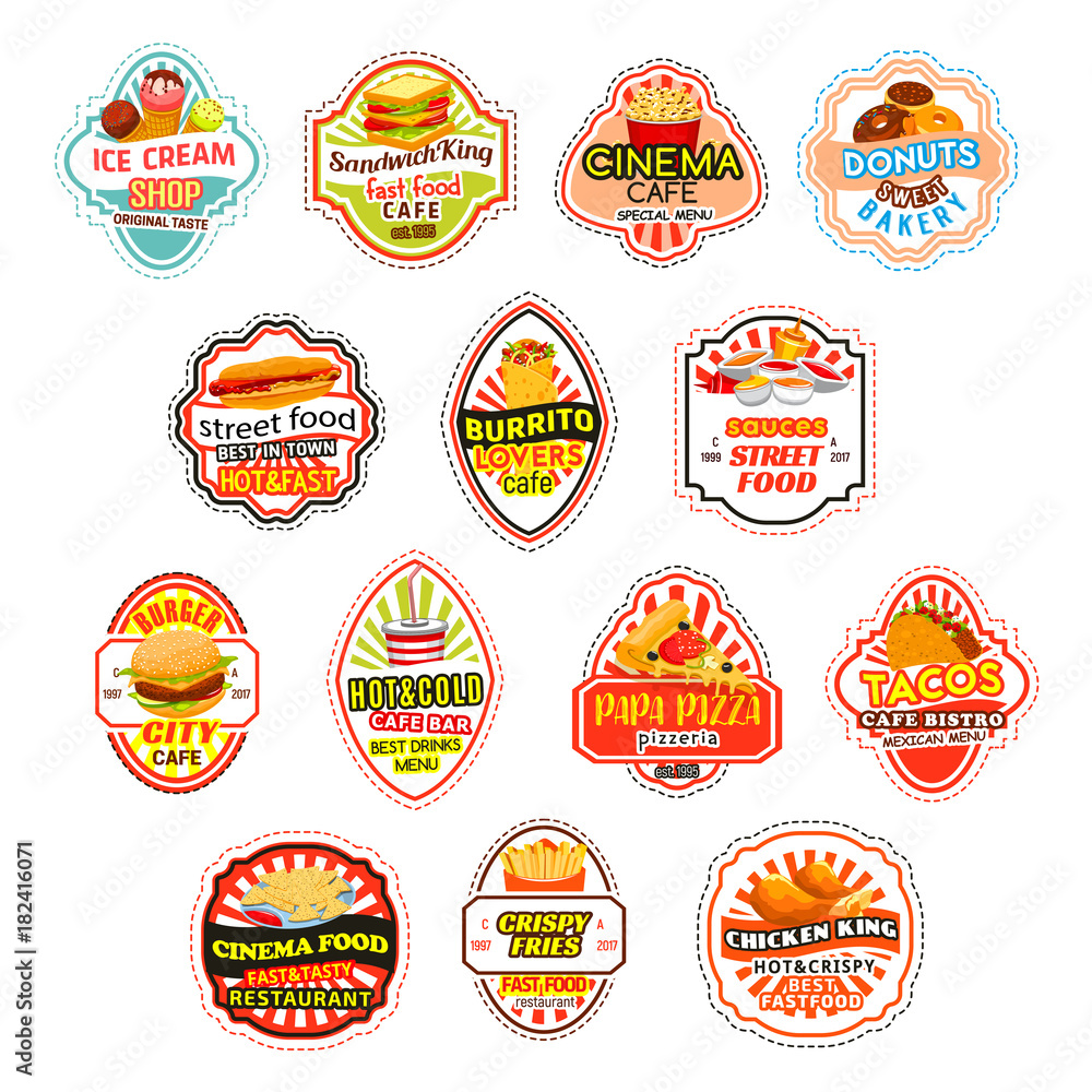 Naklejka premium Fast food meals vector fastfood icons