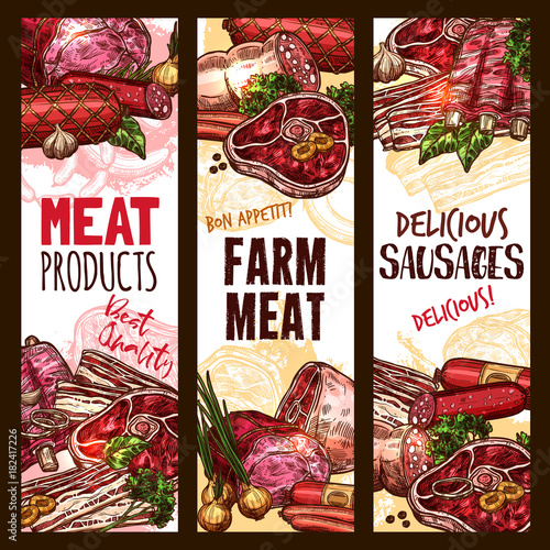 Vector sketch meat farm product banners