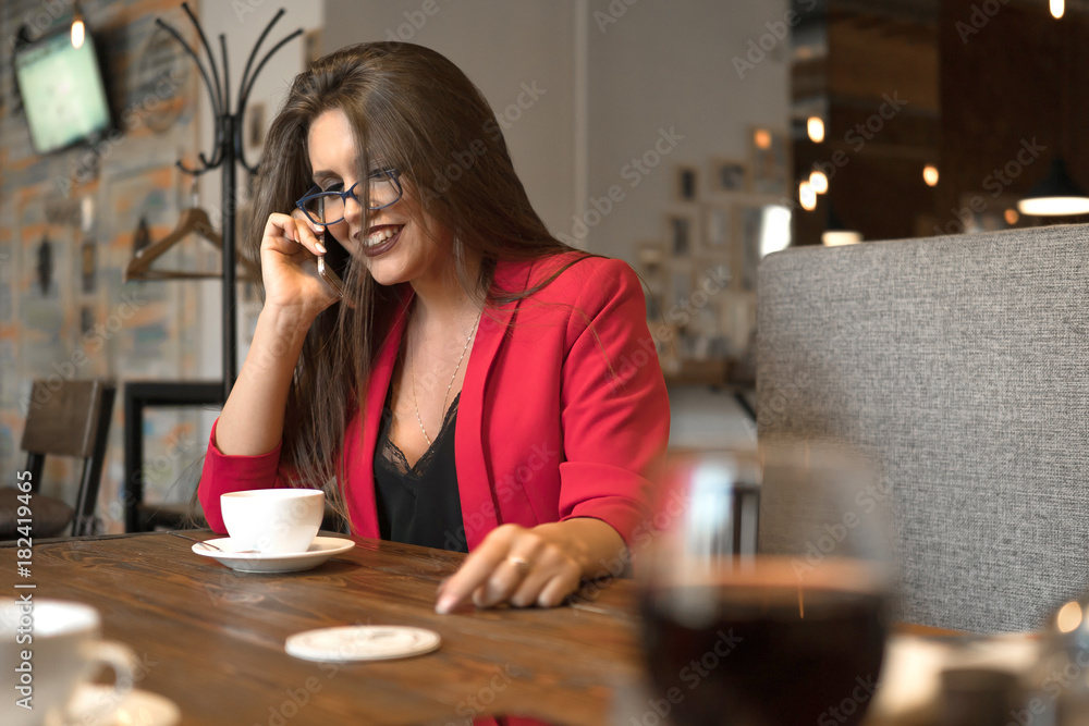 smiley elegant businesswoman with perfect make up talk cell phone in modern cafe smiley elegant businesswoman with perfect make up talk cell phone in modern cafe