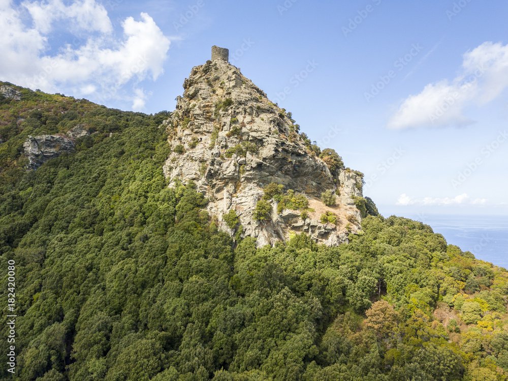 Vista aerea della Torre di Seneca, Corsica, Francia, antica torre