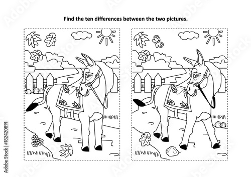 Find the ten differences picture puzzle and coloring page with donkey or burro walking at rural scene
