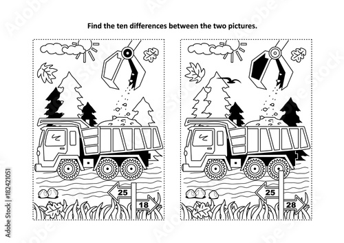 Find the ten differences picture puzzle and coloring page with working tip truck and hopper
