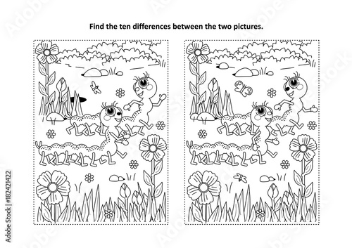 Spring or summer themed find the ten differences picture puzzle and coloring page with two cute caterpillars walking in the garden
