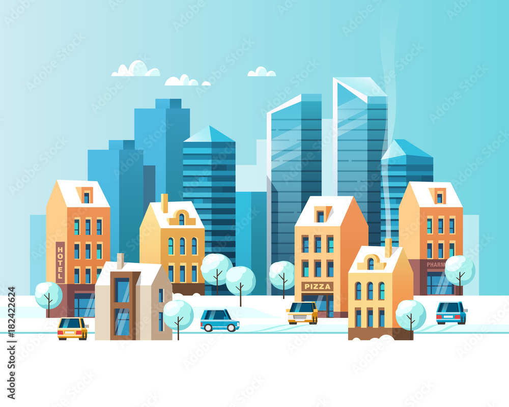 Urban winter landscape. Snowy street. Vector illustration. 