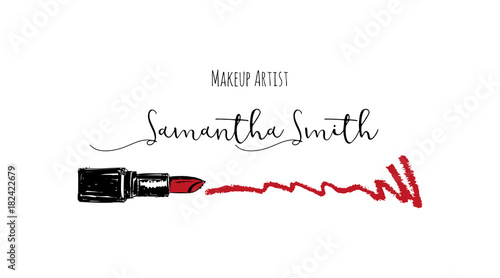 Makeup artist business card. Vector template with makeup items pattern - Smears Red lipstick. Fashion sketch makeup lipstick. Hand drawn graphic color glossy lips. Glamour fashion card vogue style