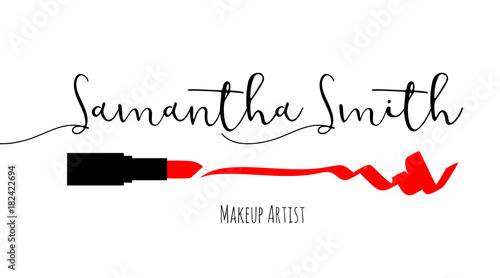 Makeup artist business card. Vector template with makeup items pattern - Smears Red lipstick. Fashion silhouette makeup lipstick. Hand drawn graphic color glossy lips. Glamour fashion card vogue style