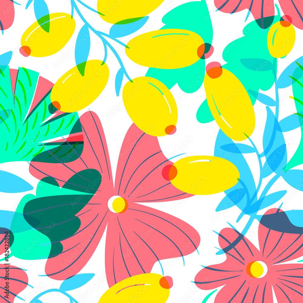 Floral seamless pattern with tranparency elements. Background with abstract bright flowers.