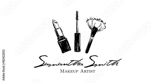 Makeup artist banner. Business card and logo concept. Beauty Set for make-up: lipstick, mascara brush, makeup brush. Logo vector template illustration