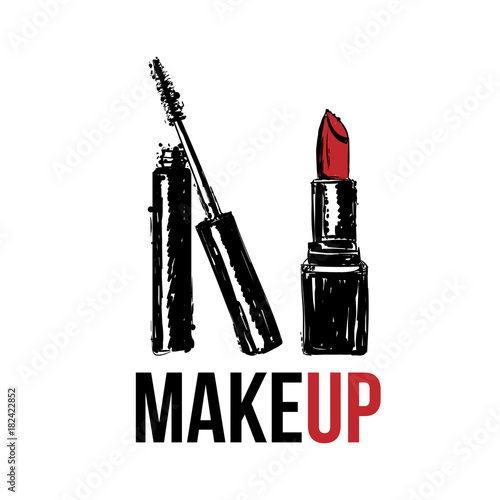 Makeup Vector illustration of hand drawing makeup cosmetics set. Red lipstick, mascara tube and brush isolated on white background. Design concept for cosmetics label, logo visage and makeup artist.