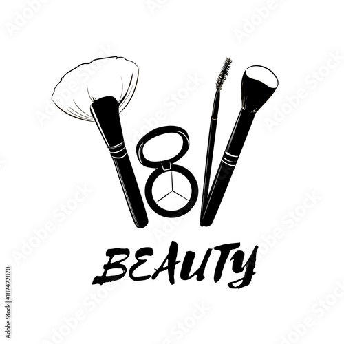 Fashion beauty cosmetics logo banner with make up artist objects: make-up brushes, eyebrow brush and eyeshadow. Vector hand drawn illustration with inscription beauty.