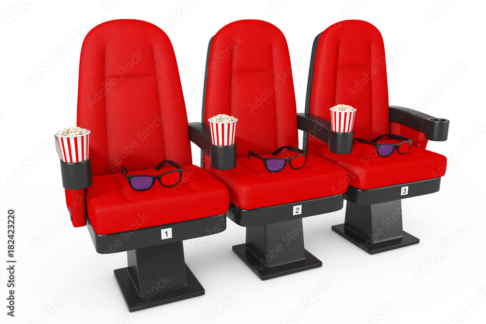 Fototapeta premium Red Cinema Movie Comfortable Chairs with Popcorn and 3d Glasses. 3d Rendering