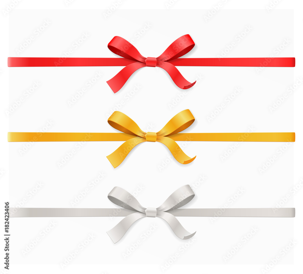 Red, gold, silver color bow knot and ribbon isolated on white background.  Happy birthday, Christmas, New Year, Wedding, Valentine Day gift card or  box concept. Closeup Vector illustration 3d top view Stock