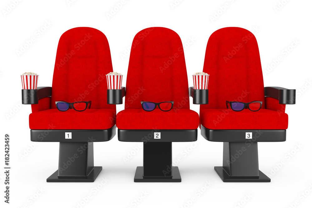 Fototapeta premium Red Cinema Movie Comfortable Chairs with Popcorn and 3d Glasses. 3d Rendering