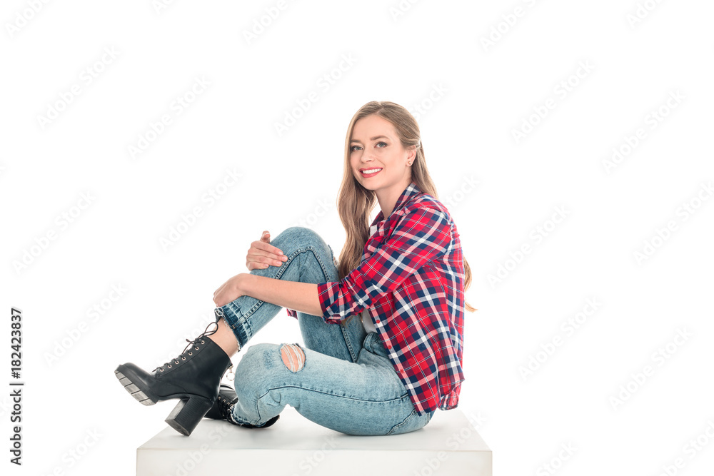 Fototapeta premium girl in checkered shirt and jeans