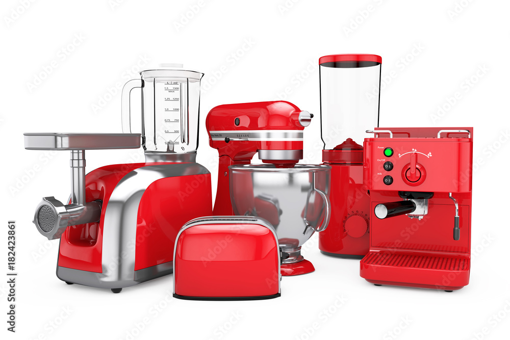 Kitchen Appliances Set. Red Blender, Toaster, Coffee Machine, Meat Ginder,  Food Mixer and Coffee Grinder on a white background. 3d Rendering Stock  Photo - Alamy