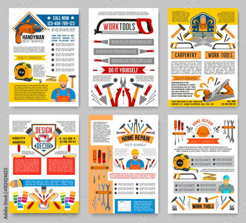 Vector house repair construction work tool posters
