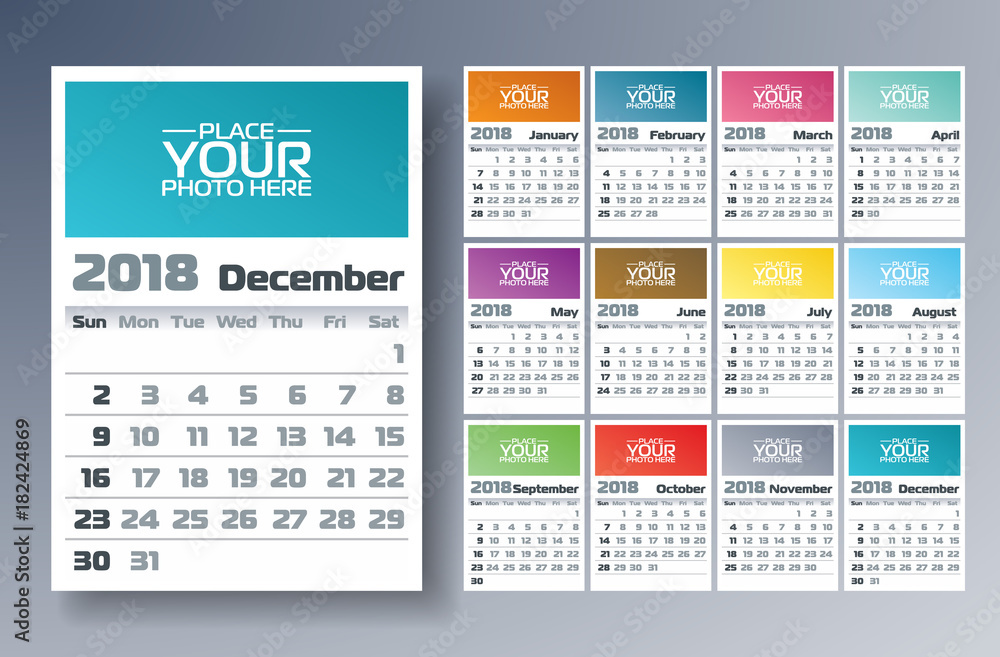 Vector Calendar 2018 Template Illustration with Place for Photo on White Background. Week Starts on Sunday. Set of 12 Months. Vector Calendar 2018 Template Illustration with Place for Photo on White Background. Week Starts on Sunday. Set of 12 Months.