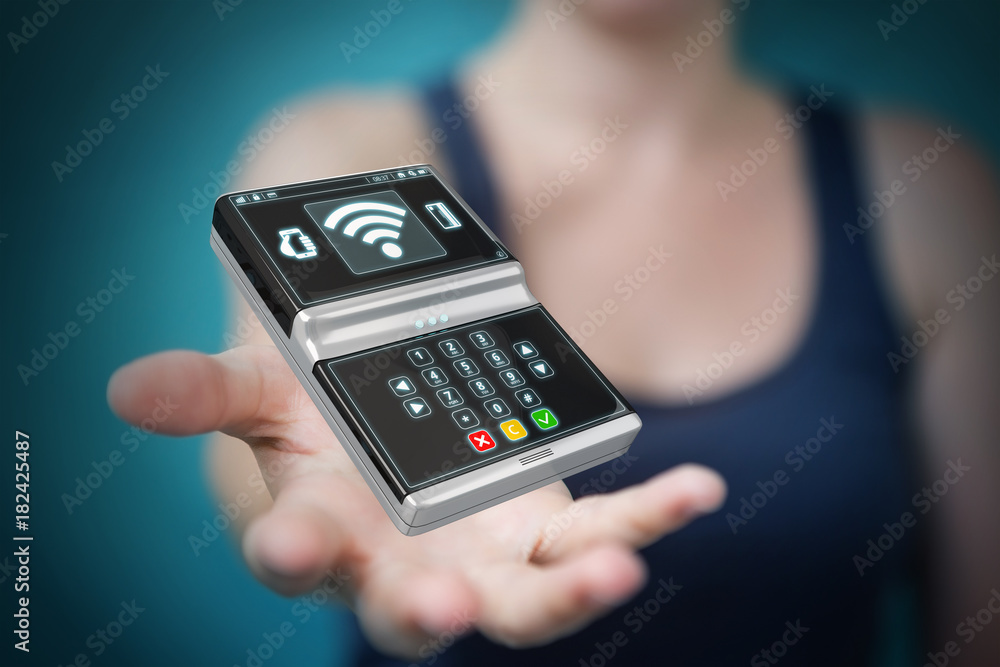 Businesswoman using contactless terminal payment 3D rendering Businesswoman using contactless terminal payment 3D rendering