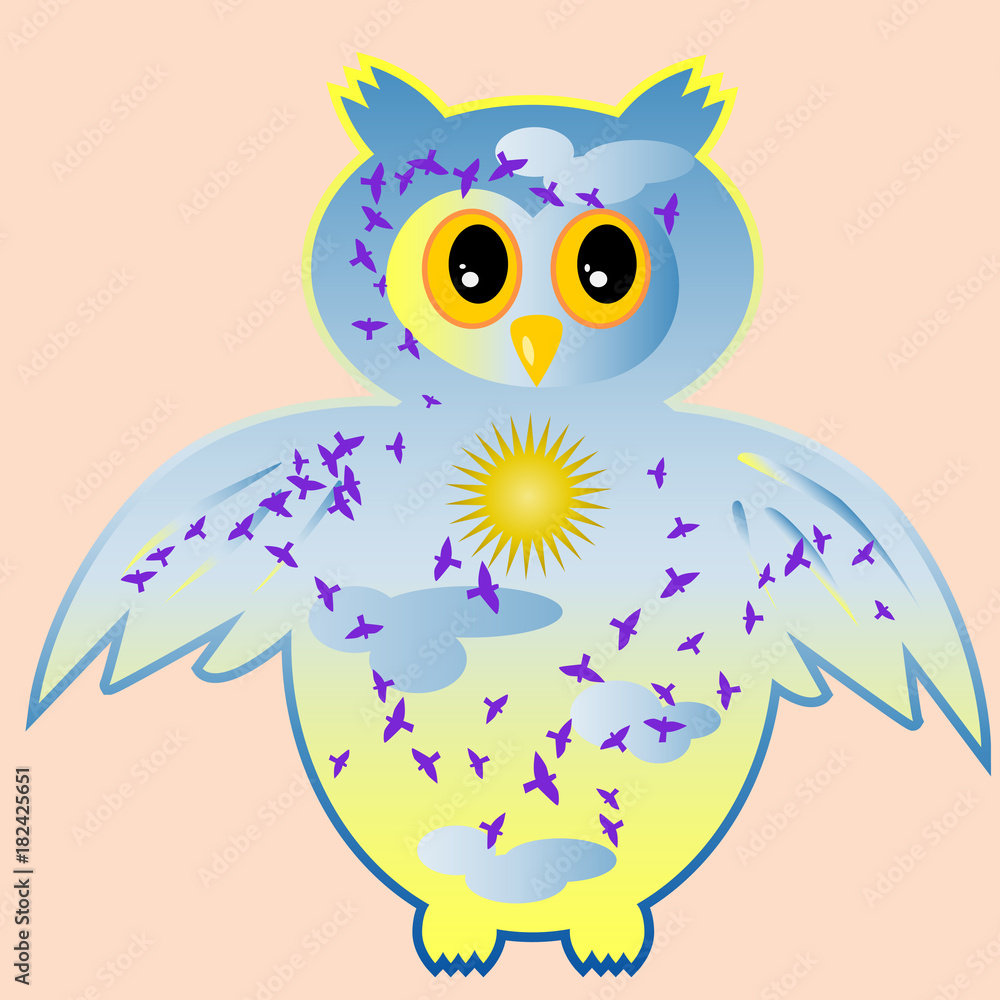 Owl-day. Owl painted in the colors of the day sky with clouds, sun, birds