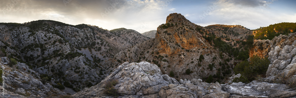 Panoramic view of the landscape around Anavatos village on Chios island in Greece.
Panoramic view of the landscape around Anavatos village on Chios island in Greece.