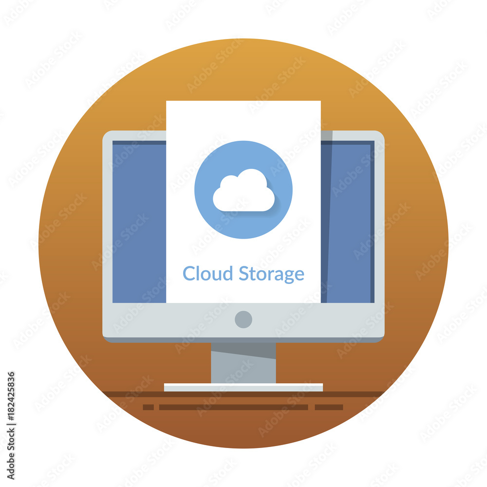 Cloud storage icon on the monitor screen. Flat vector illustration for mobile application or web site interface. Cloud storage icon on the monitor screen. Flat vector illustration for mobile application or web site interface.