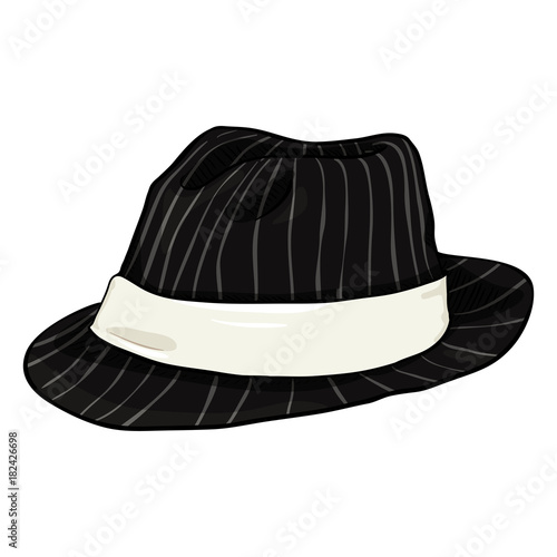 Vector Single Cartoon Black Fedora Hat with Gray Stripes and White Ribbon