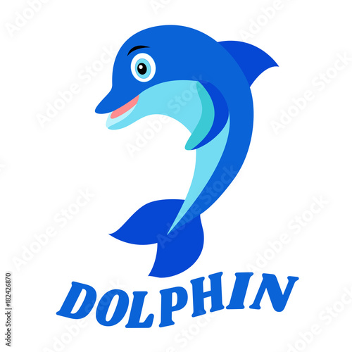 Dolphin vector logo design. Blue isolated icon on a white background. Dolphinarium, swimming pool or aquapark logotype. Illustration in flat style with simple text