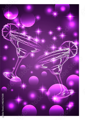 Golden outline of glasses with a cocktail on a pink background with stars and lights, disco, club, neon glow