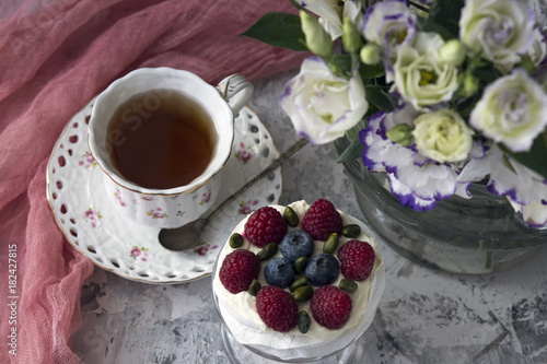 breakfast in bed, breakfast, gift, nuts, romantic, pure, dessert, flowers, ripe, tea, organic, red, green, snack, pastry, tasty, decoration, blueberry, table, cup, summer, berry, closeup, fruit,