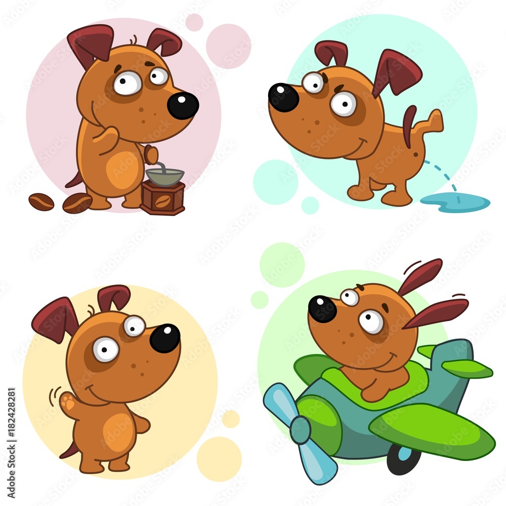 The second part of the collection of icons with dogs for design. The dog at the coffee grinder grinds coffee beans, the dog pisses, the dog waves with his paw and greets, the dog flies on the plane. The second part of the collection of icons with dogs for design. The dog at the coffee grinder grinds coffee beans, the dog pisses, the dog waves with his paw and greets, the dog flies on the plane.