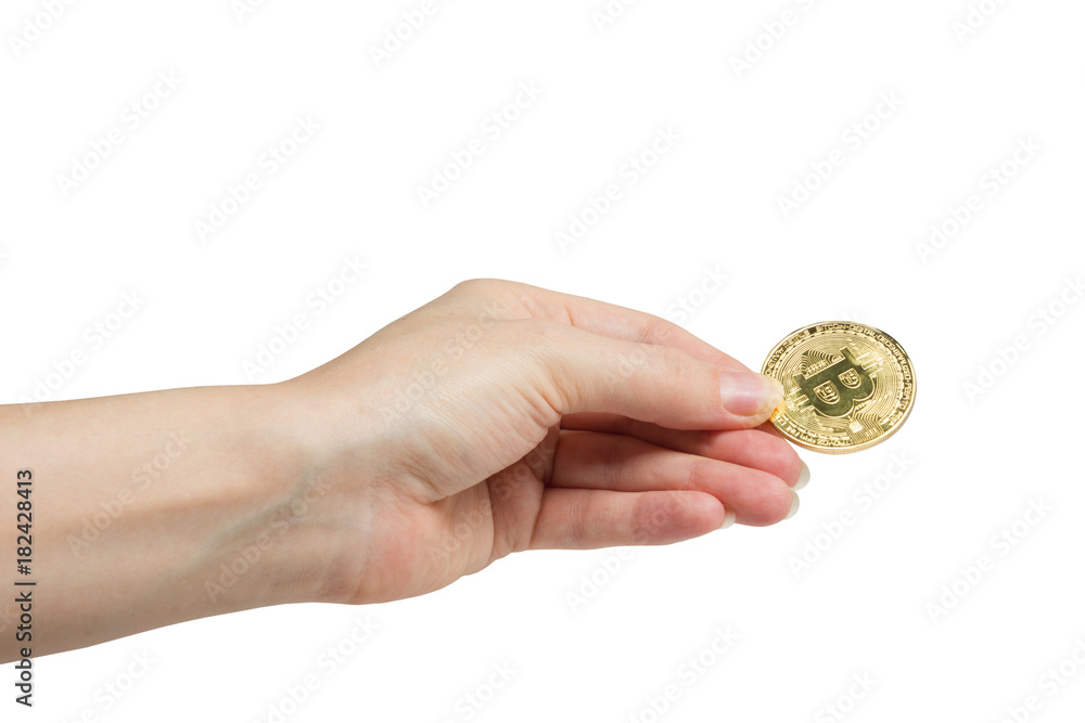 Cryptocurrency golden bitcoin coin. Isolated on white. Hand holding symbol of crypto currency - electronic virtual money for web banking and international network payment. Selective focus Cryptocurrency golden bitcoin coin. Isolated on white. Hand holding symbol of crypto currency - electronic virtual money for web banking and international network payment. Selective focus