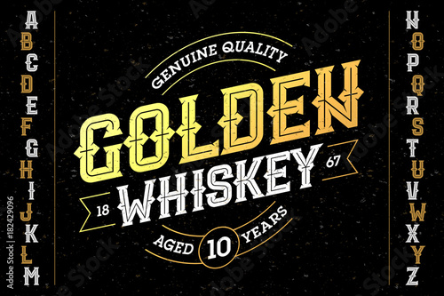 Vintage style font with sample design. Ideal for any labels design in vintage style such as whiskey, absinthe, scotch, gin, rum, bourbon etc