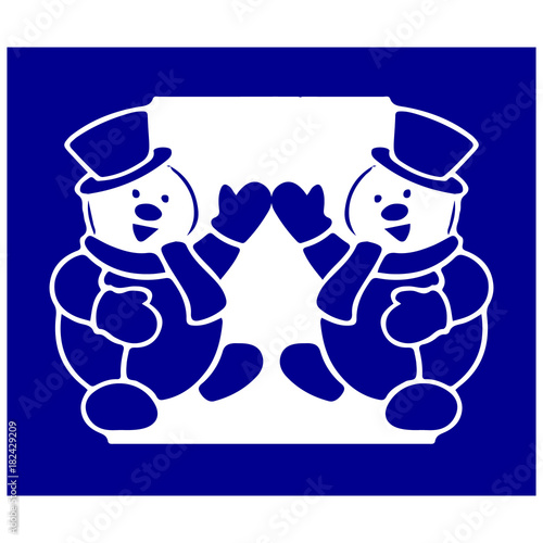 Silhouette of two blue snowman, mirrored in a frame, cartoon frame on a white background,