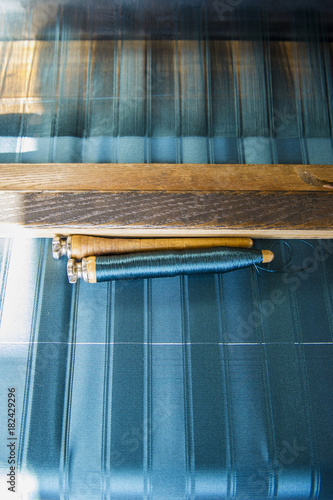 Weaving loom, production of damask, province of Genua, Italian Riviera, Liguria, Italy photo