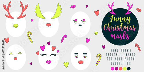 Vector funny Christmas masks set - horns, eyes, noses. Decoration for holidays photos of your friends and colleagues