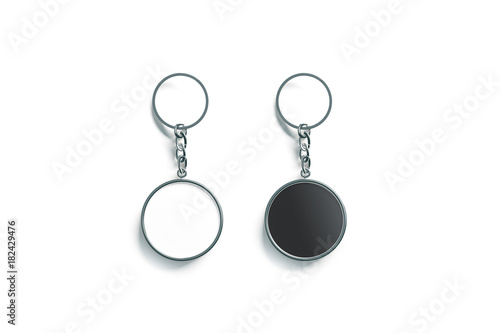 Blank metal round black and white key chain mock up top view, 3d rendering. Clear silver circular keychain design mockup isolated. Empty plain keyring souvenir holder template. Steel trinket label