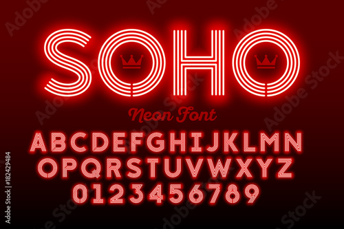 Neon style modern font, alphabet and numbers