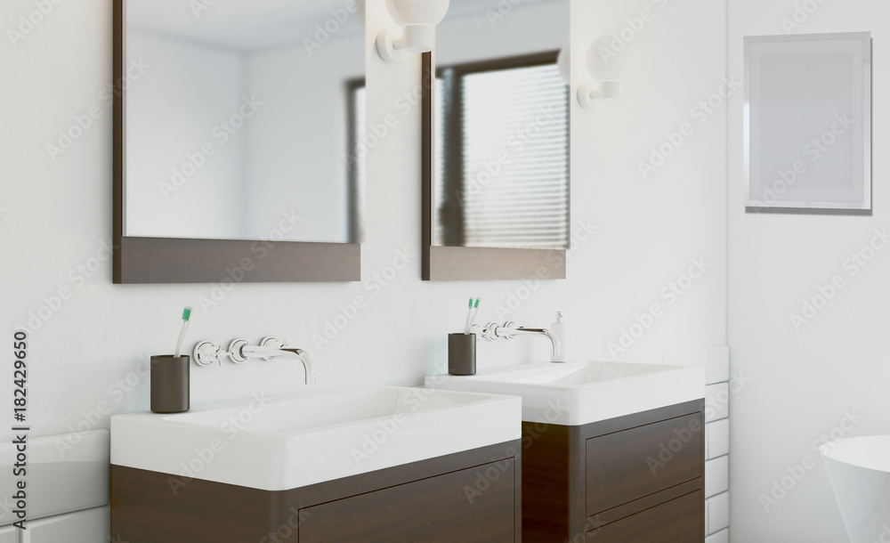 Modern bathroom with large window. 3D rendering. Empty picture Modern bathroom with large window. 3D rendering. Empty picture